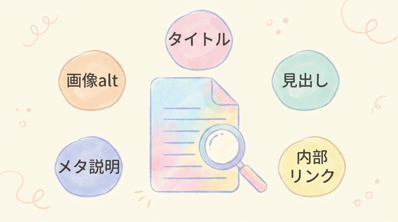 WordPress入稿時のSEO設定ポイント図解(タイトル/メタ/パーマリンク/alt/内部リンク)
