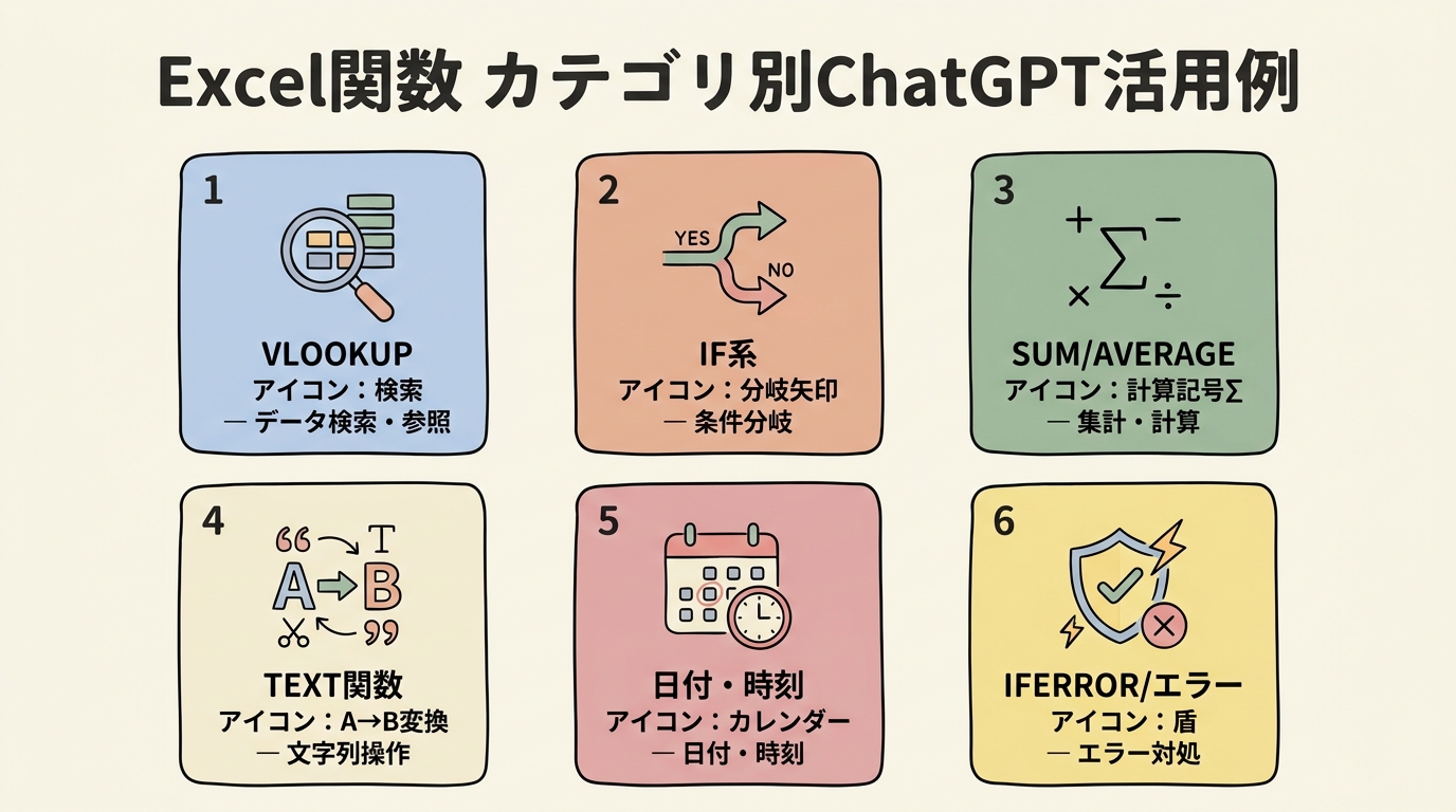 Excel関数カテゴリ別ChatGPT活用例マップ