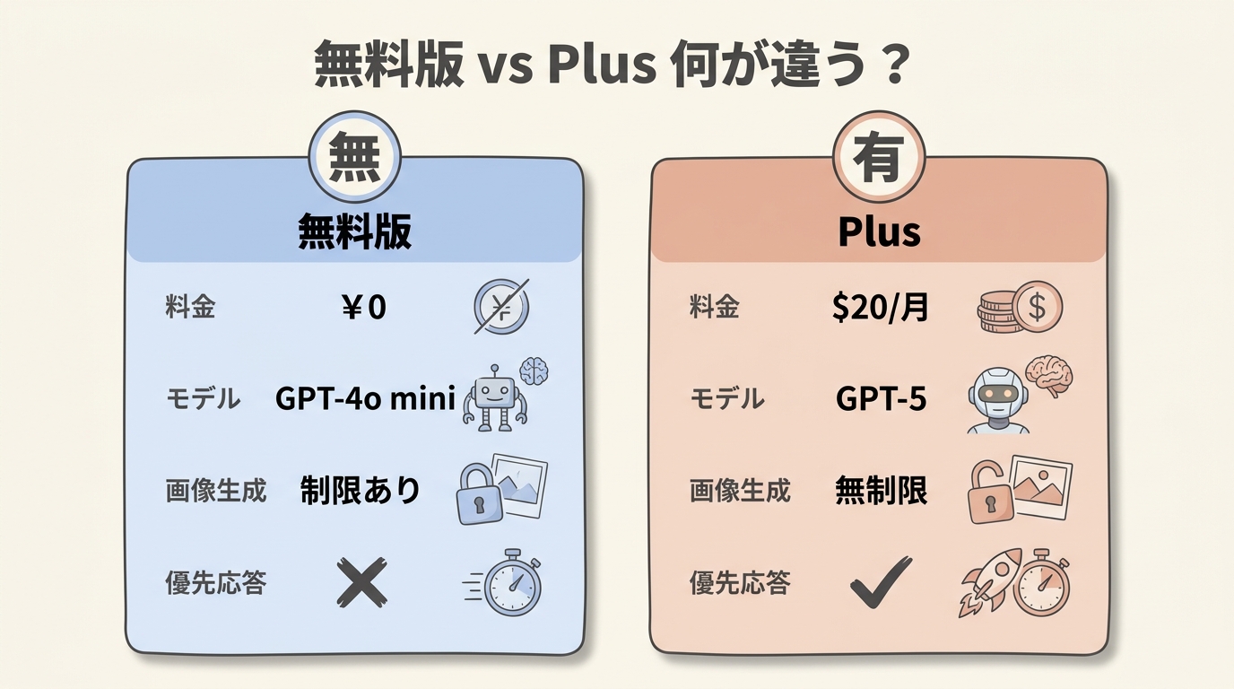ChatGPT無料版とPlus有料版の比較図