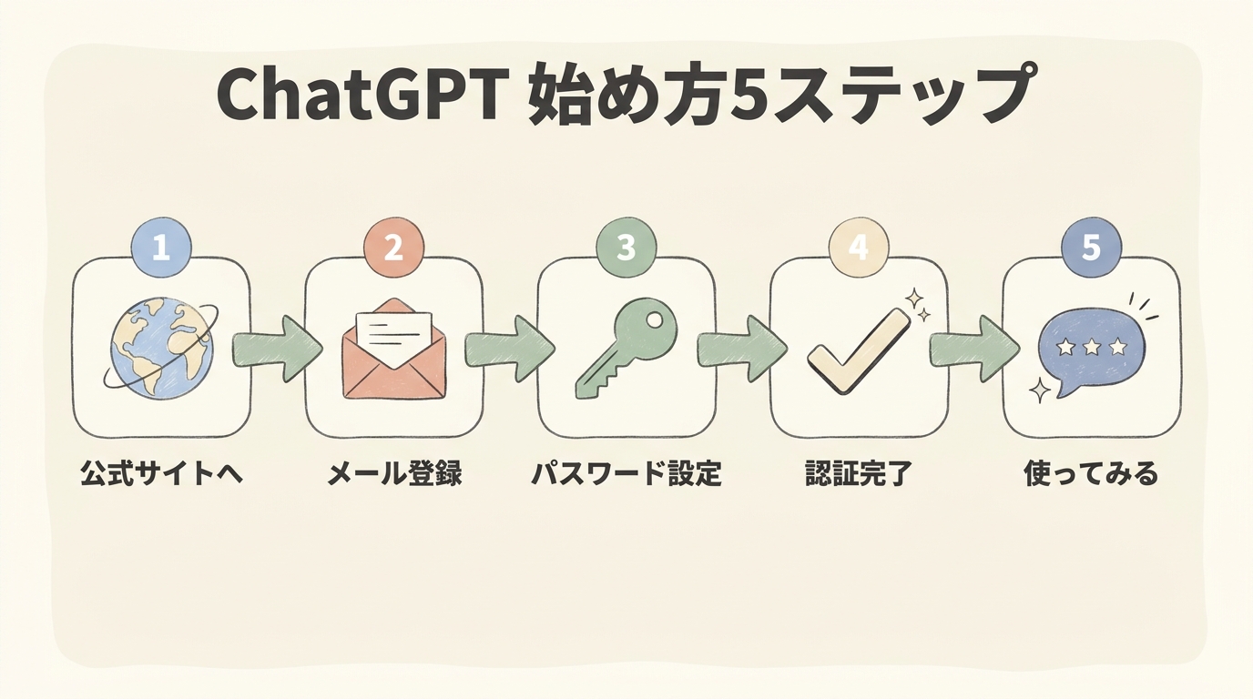 ChatGPT始め方5ステップのフロー図