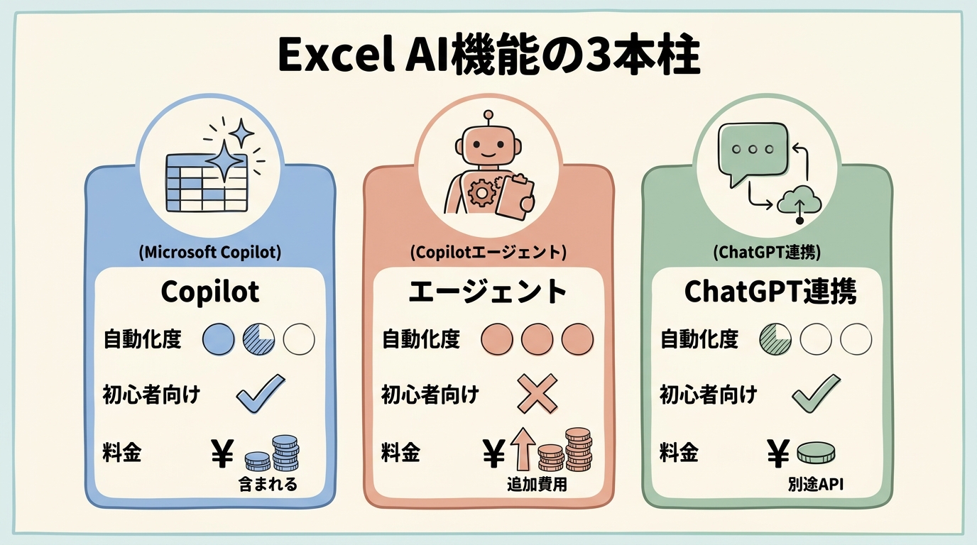 Excel AI機能の3本柱比較図解