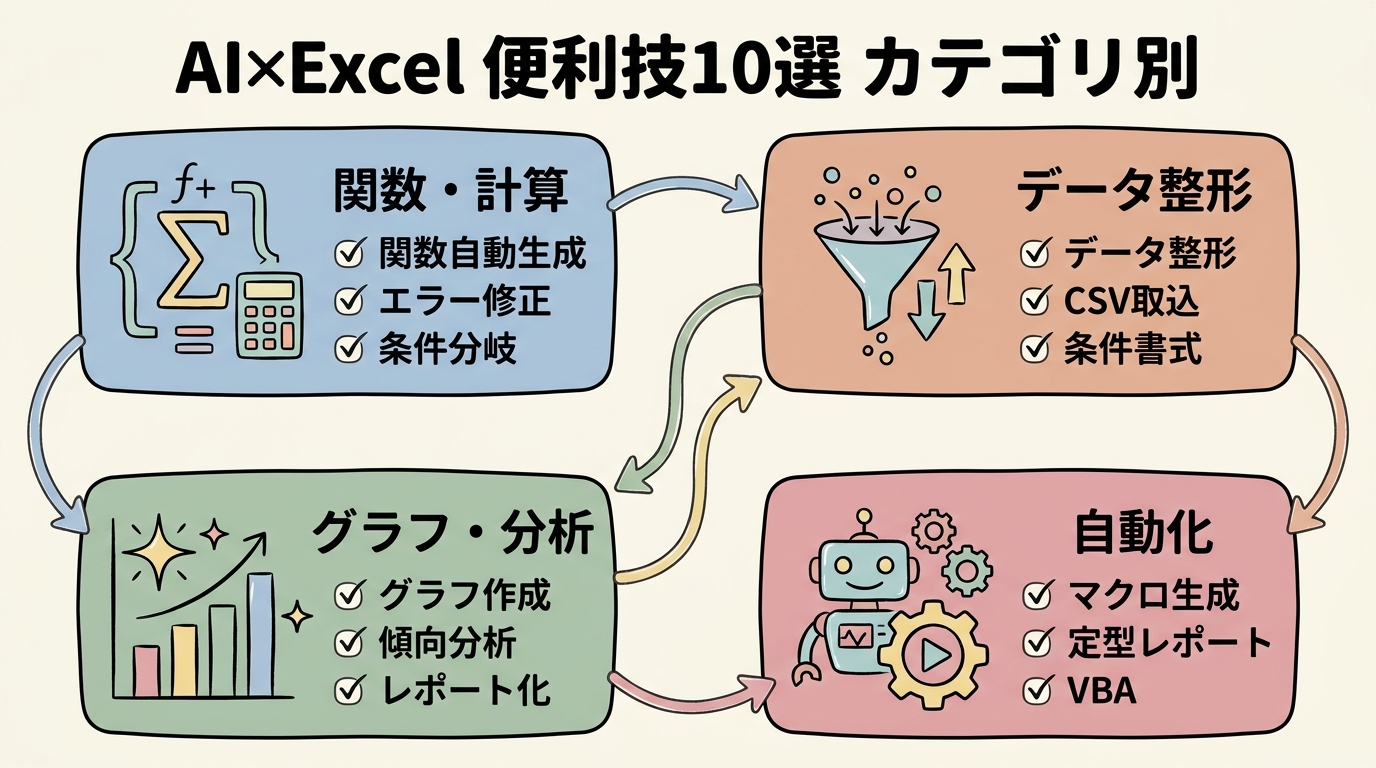 AI×Excel便利技10選カテゴリ図解