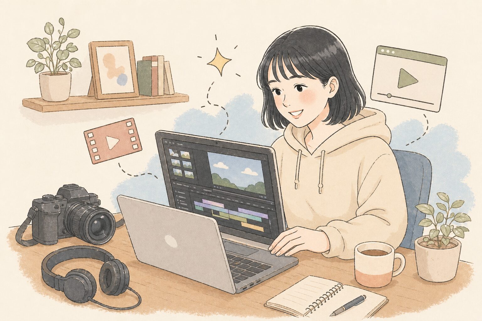 AI動画編集ツールを使う女性のイメージ