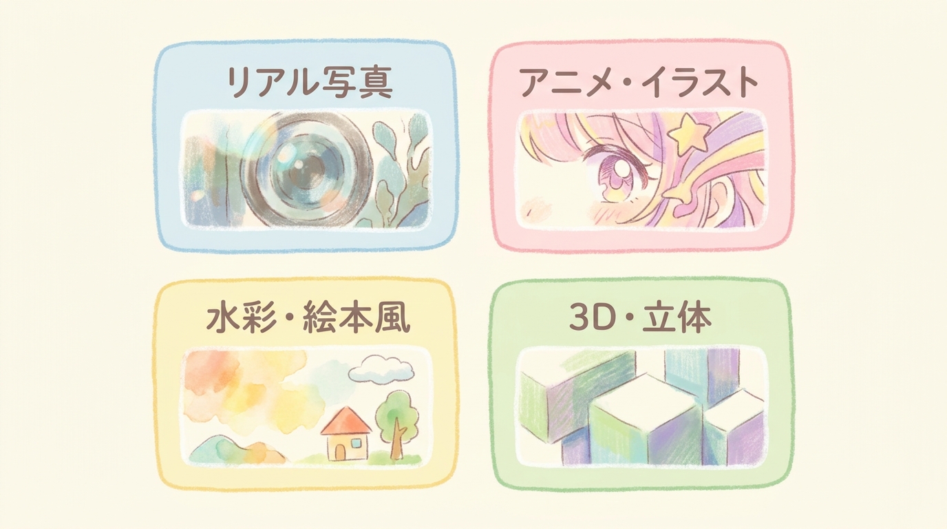 スタイル別のAI画像活用例(リアル・イラスト・水彩・3D)