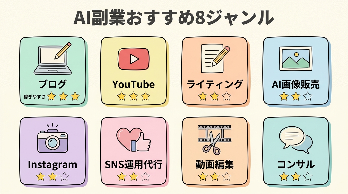 AI副業おすすめ8ジャンル比較図