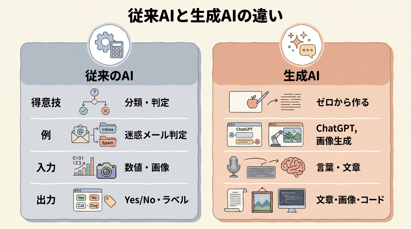 従来のAIと生成AIの違いを比較した図