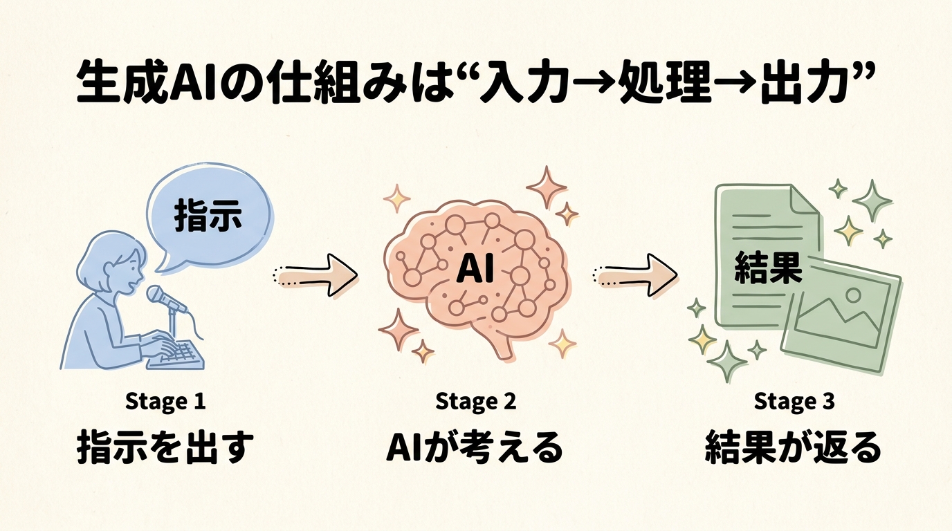 生成AIの仕組みをやさしく表した概念図