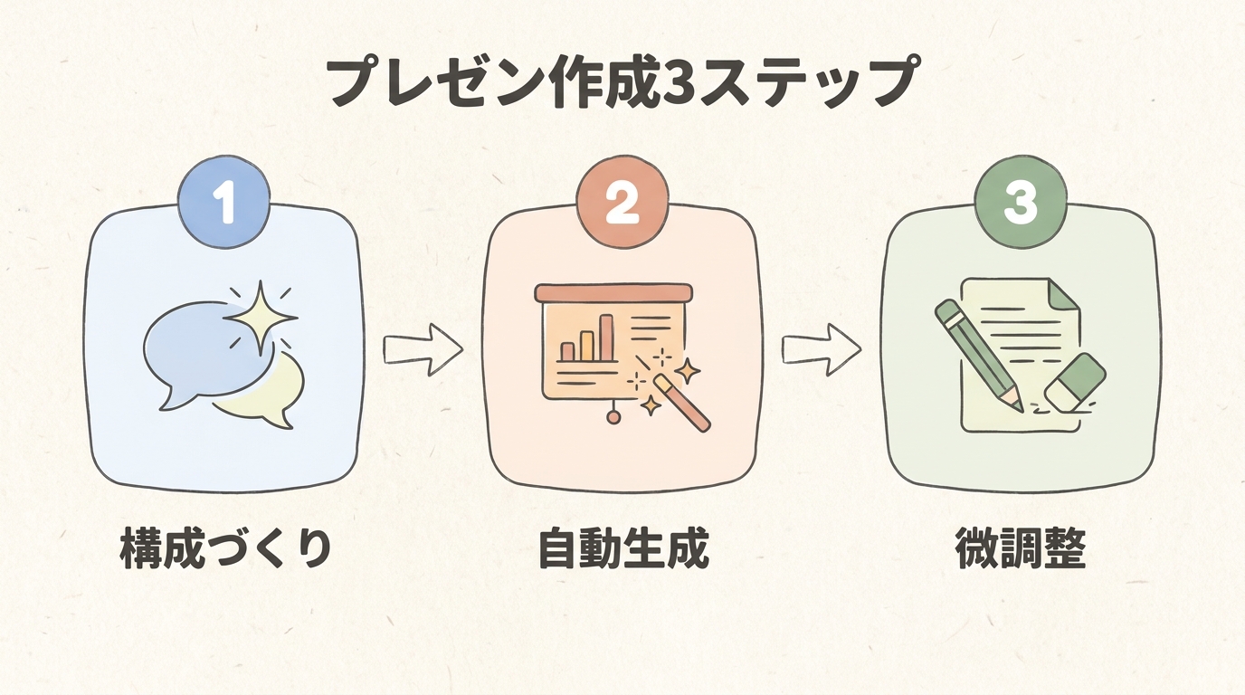 AIプレゼン作成の3ステップフロー図