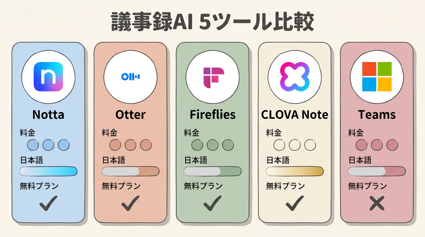 議事録AI5ツール比較インフォグラフィック