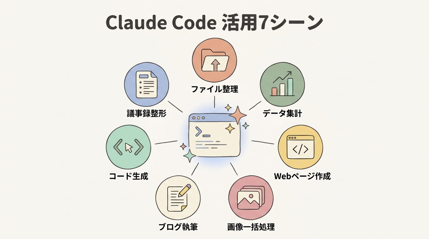 Claude Code活用例7選（ファイル整理・CSV集計・Webページ・議事録・メール・ブログ・自動化）