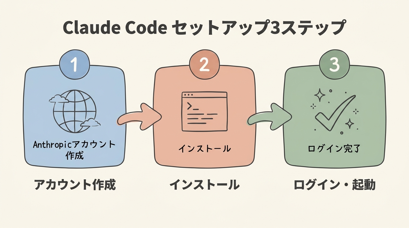 Claude Codeセットアップの流れ（加入→DL→インストール→ログイン→初回起動）
