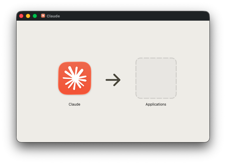 Claude.dmgインストーラー画面 - ClaudeアイコンをApplicationsへドラッグ
